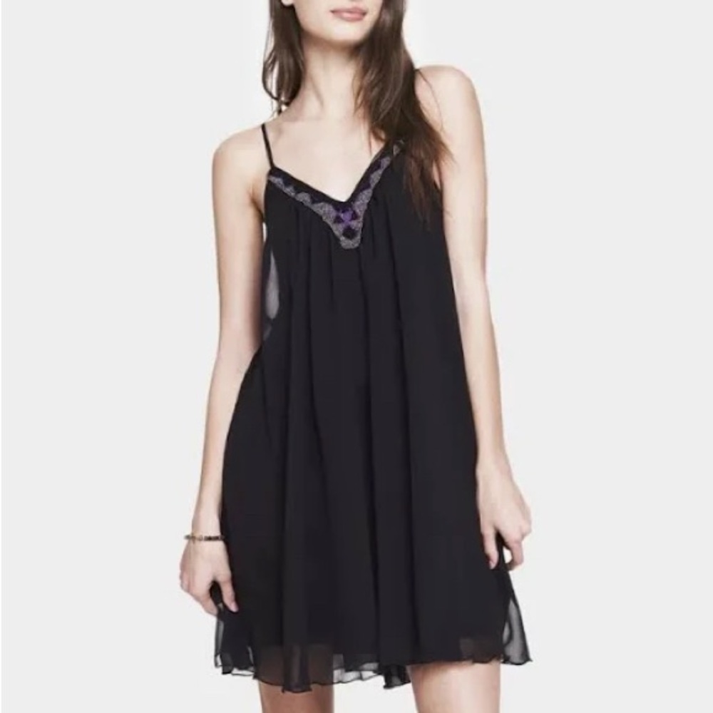 Express Beaded V-Neck Trapeze Dress - Black